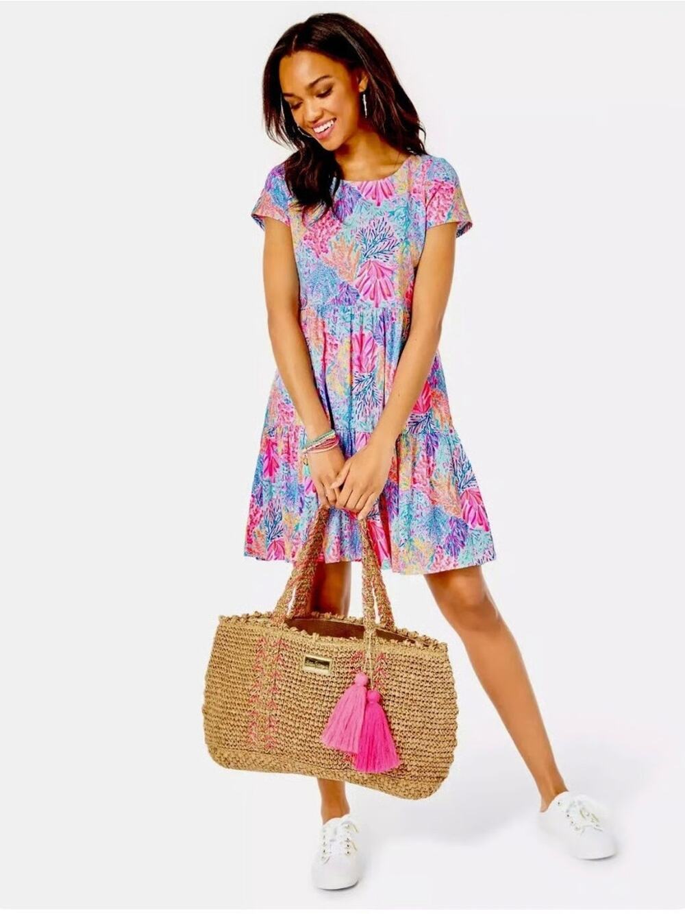 Lilly Pulitzer Geanna Tiered Short Sleeve Cotton Dress in Multi Splashdance